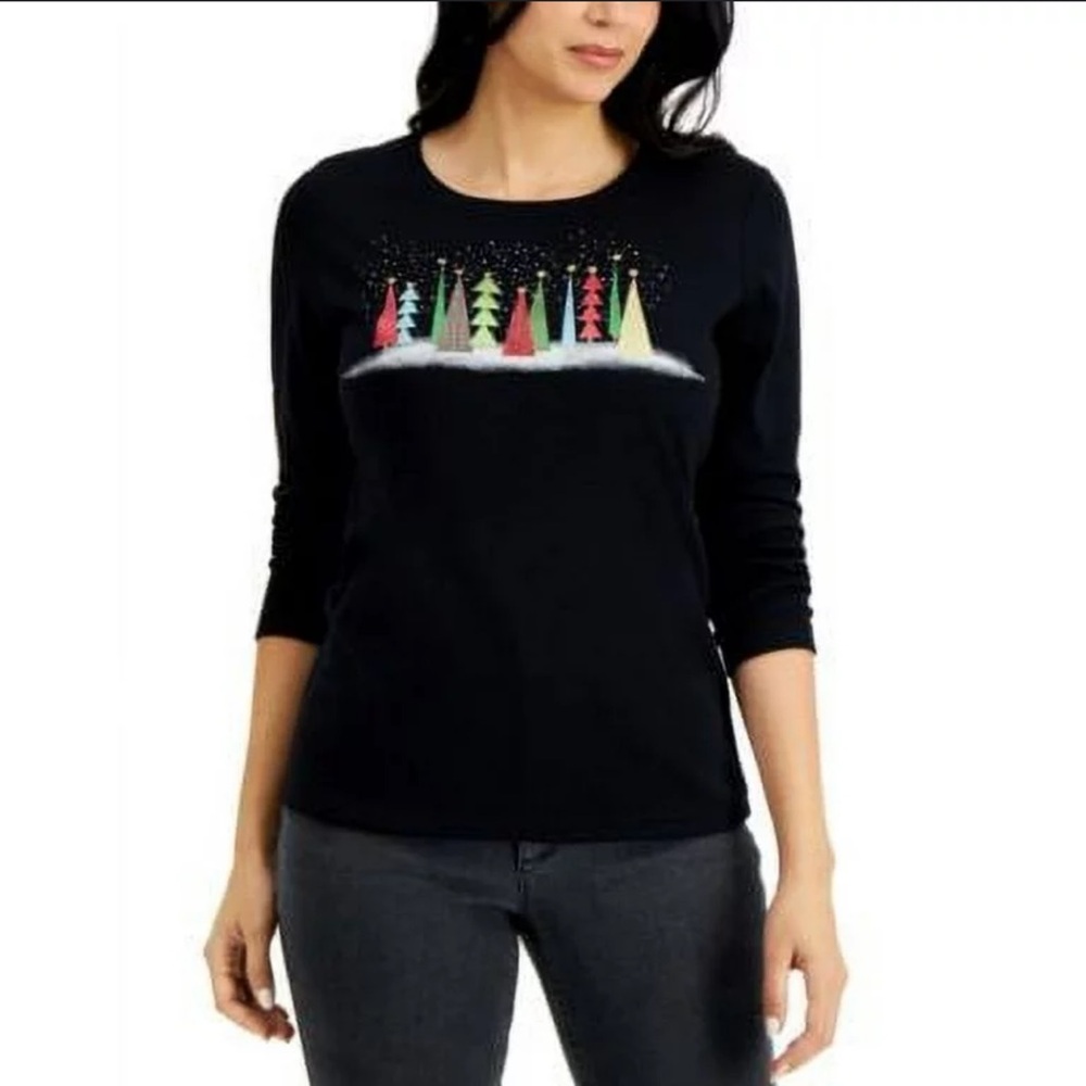 Karen Scott Shimmer‎ Christmas Tree Top Black long sleeve new/tags